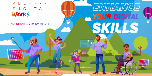 Drawing of three mountains and clear blue sky with air balloons flying over five people engaging in different digital activities. It shows the ALL DIGITAL weeks starting April 17th and finishing on May 7th. The motto of the event is written: Enhance your digital skills. 