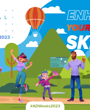 Drawing of three mountains and clear blue sky with air balloons flying over five people engaging in different digital activities. It shows the ALL DIGITAL weeks starting April 17th and finishing on May 7th. The motto of the event is written: Enhance your digital skills. 